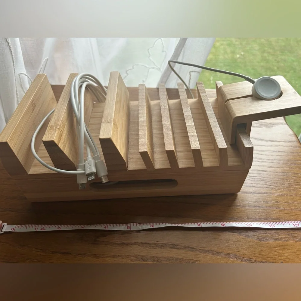 iPhone Apple Watch iPad device charging station with cords - Wood